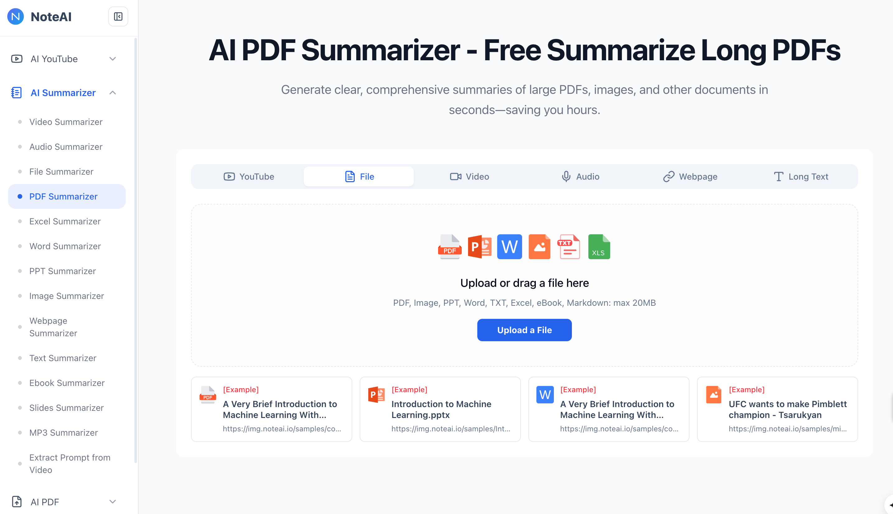NoteAI AI PDF Summarizer interface showing file upload and compatibility options
